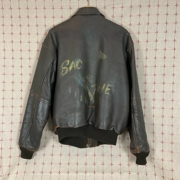 Vintage Avirex Jack Of All Raids Sack Time Nose Art A2 XL Leather Bomber Jacket - Picture 5 of 16